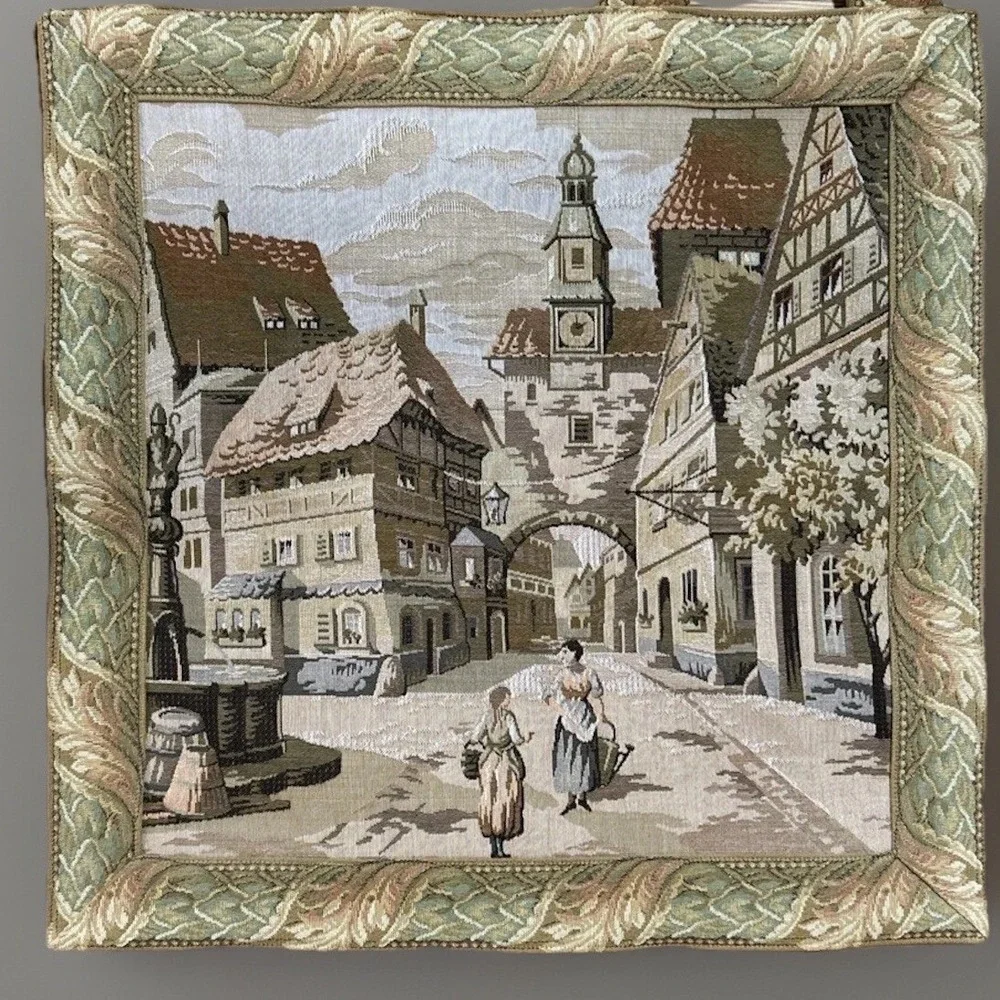 Vintage Woven Tapestry Wall Hanging German Village Scene Wooden Rod  Folk Art